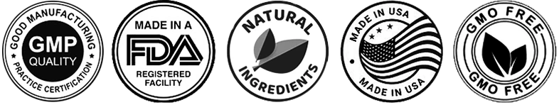 Row of five emblems: GMP quality, FDA registered facility, natural ingredients, made in USA and GMO free