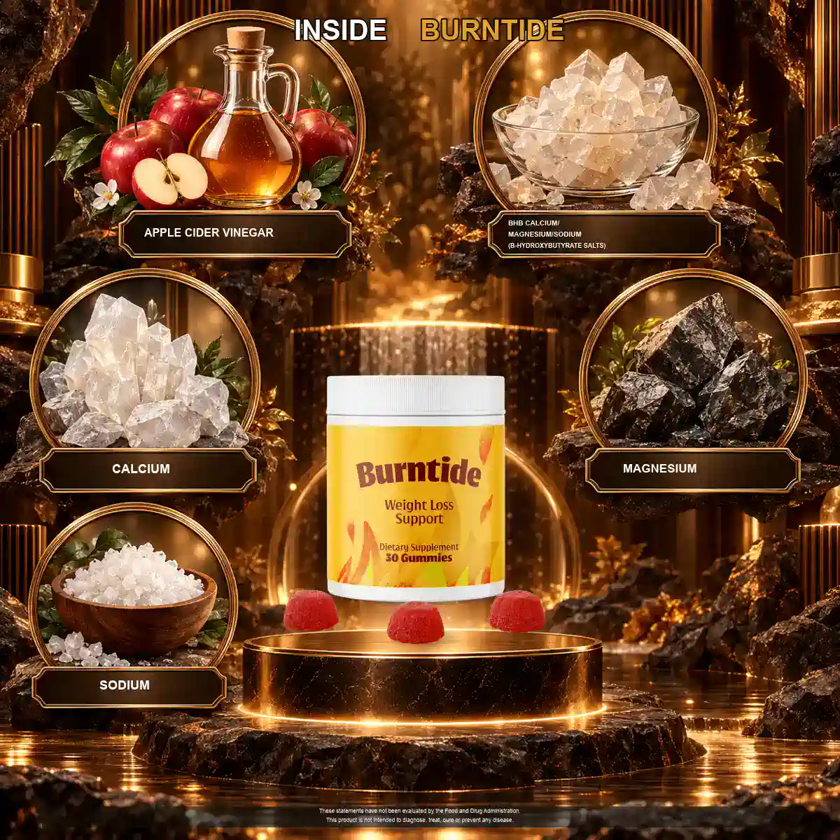Vendor listing panel showing the five Burntide ingredients around a jar
